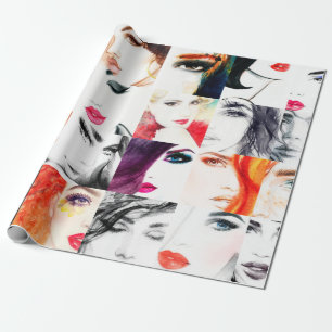Papel De Presente Padrão de retrato feminino de aquarela