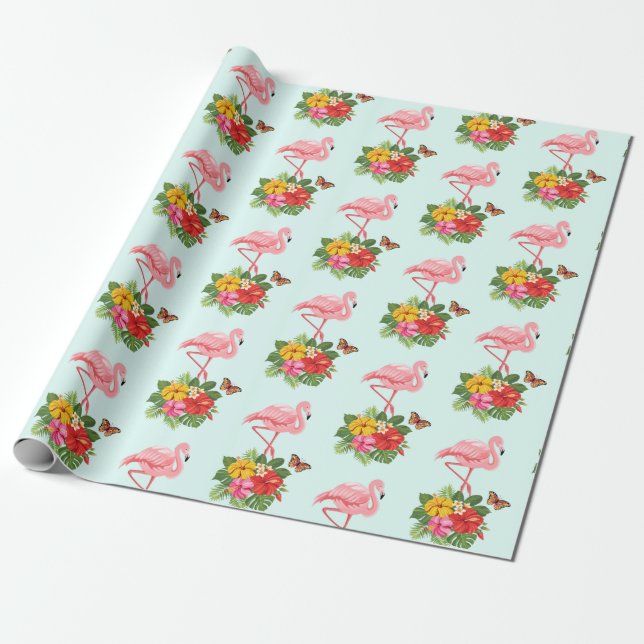 Papel De Presente Padrão de Rico Flamingo e Tropical do Hibiscus Ros (Desenrolado)