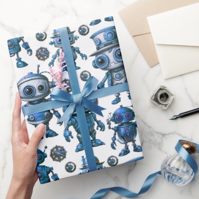 Papel De Presente Padrão de Robô Azul (Presentear)