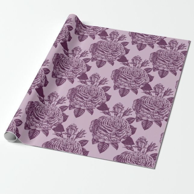 Papel De Presente Padrão de Rosa Antiga Malva (Desenrolado)