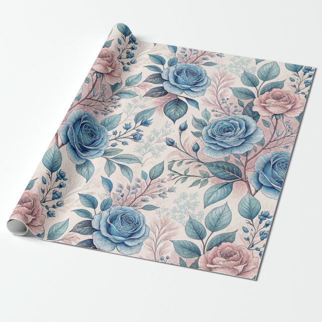 Papel De Presente Padrão de Rosa Azul e Rosa Rosa Rosa no Pinto Bran (Desenrolado)