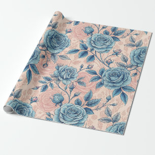 Papel De Presente Padrão de Rosa Azul Retroativo no Fundo Cor-de-Ros
