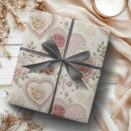 Papel De Presente Padrão de Rosa Corações franzidos Marrom Marfim Vi