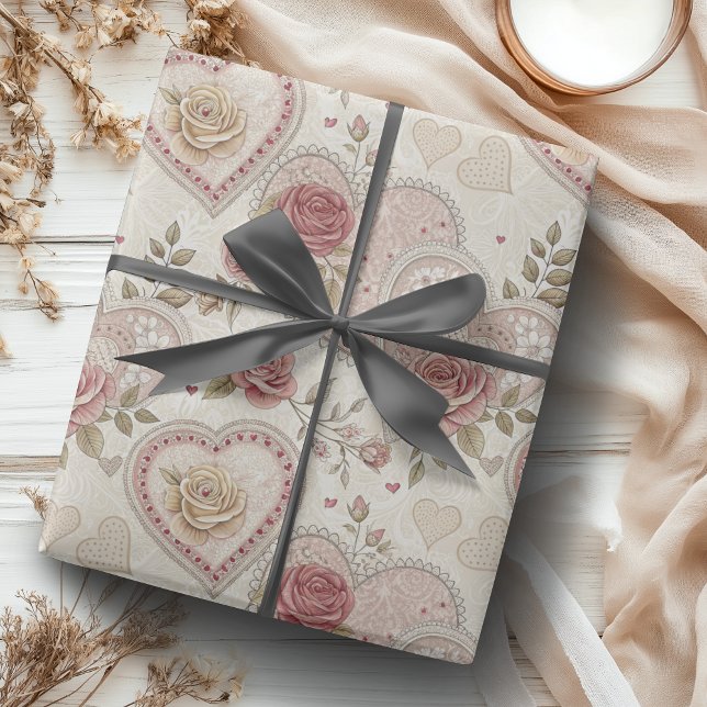 Papel De Presente Padrão de Rosa Corações franzidos Marrom Marfim Vi (Criador carregado)