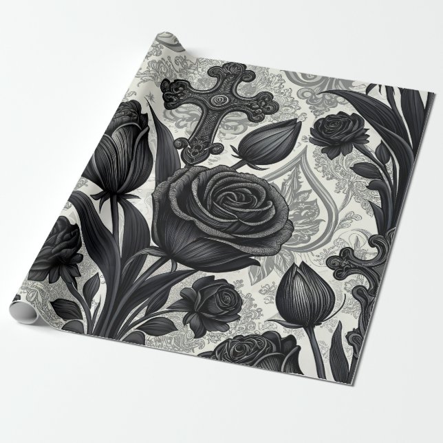 Papel De Presente Padrão de Rosa Gótica Escura (2) (Desenrolado)