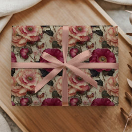 Papel De Presente Padrão de Rosa Rosa Floral Vintage Jardim Romântic