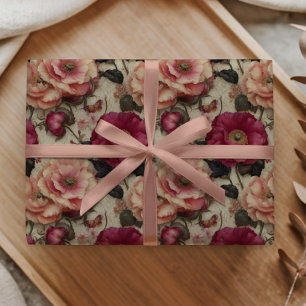Papel De Presente Padrão de Rosa Rosa Floral Vintage Jardim Romântic