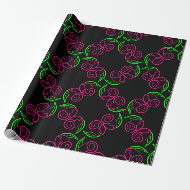 Papel De Presente Padrão de Rosa Rosa Quente Duplo (Desenrolado)
