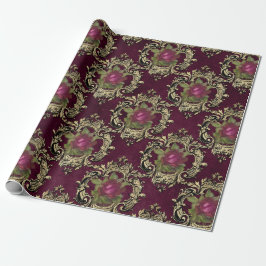 Papel De Presente Padrão de rosa vintage Paris Burgundy e dourado