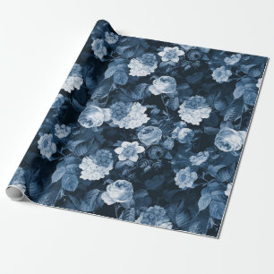 Papel De Presente padrão de rosas de Redouté antigo e azul chinoiser