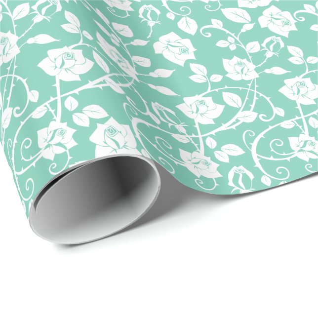 Papel De Presente Padrão De Rosas Estilizados, Verde-Teal E Branco (Ponta do rolo)