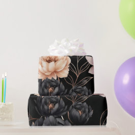 Papel De Presente Padrão de Rosas Florais Pretas Elegantes Folhas Do