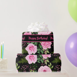 Papel De Presente Padrão de Rosas Rosa Lindas e Pretas Modernas