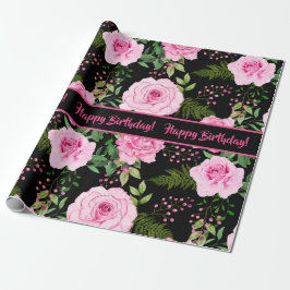 Papel De Presente Padrão de Rosas Rosa Lindas e Pretas Modernas