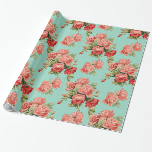 Papel De Presente Padrão de Rosas vermelhas Rosa Elegante Vintage