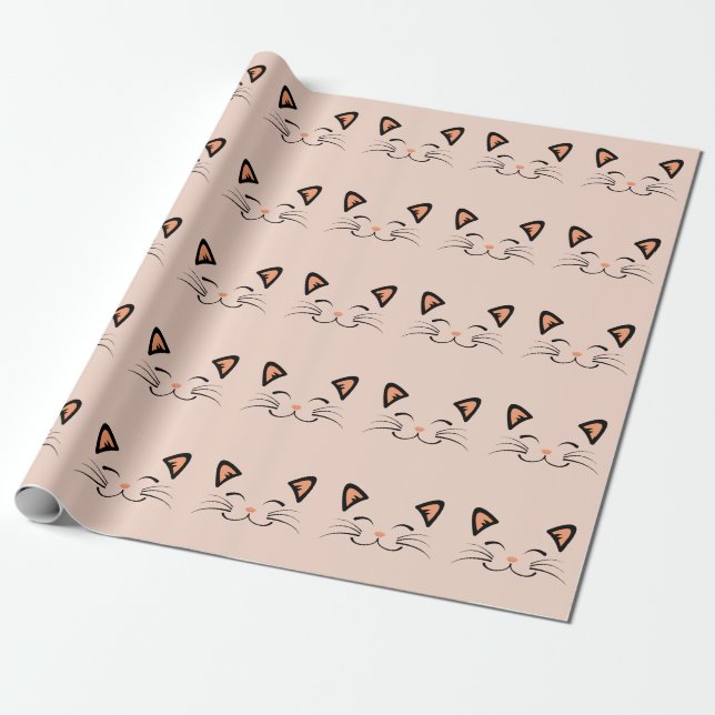 Papel De Presente Padrão de Rosto de Gatinho Flutuante  (Desenrolado)