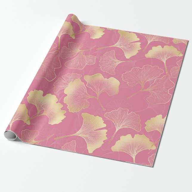 Papel De Presente Padrão de Rubor de Folha de Ginkgo Dourado Art Nou (Desenrolado)