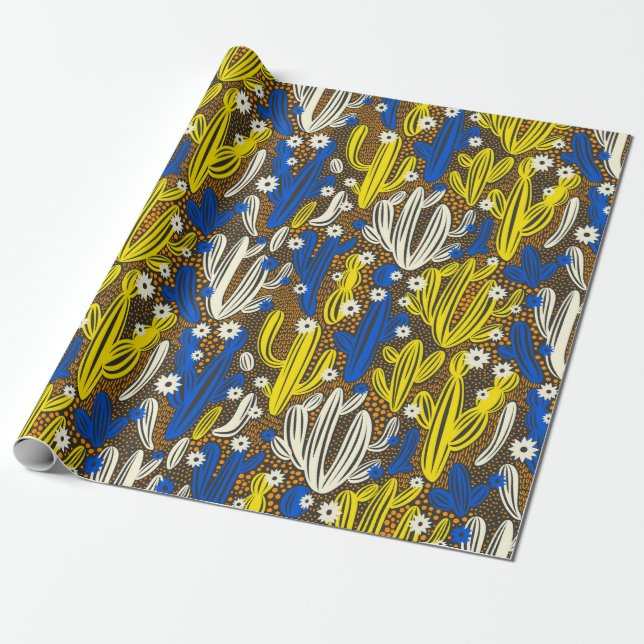 Papel De Presente Padrão de safra com cacto em fundo preto. S (Desenrolado)