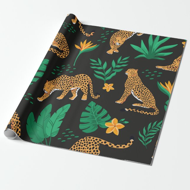 Papel De Presente Padrão de safra com leopardos e folhas tropicais  (Desenrolado)