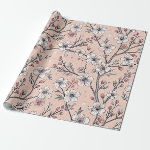 Papel De Presente Padrão de Sakura Flor de Cerejeira Rosa em Rosa