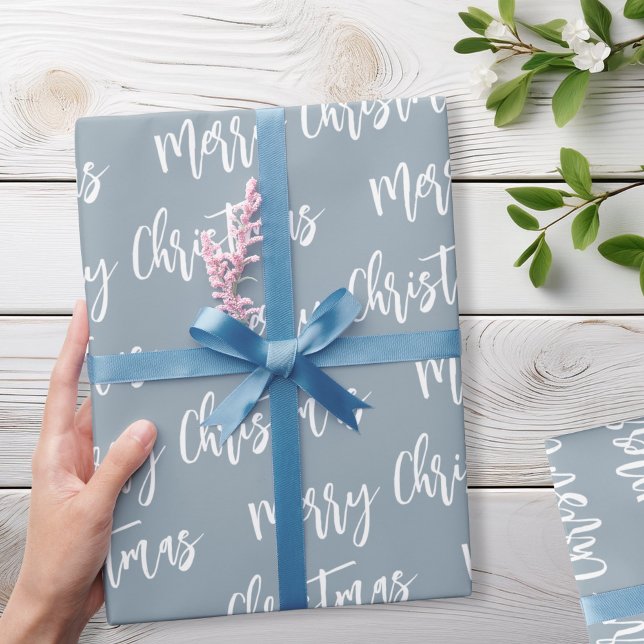 Papel De Presente Padrão de Script Elegante Azul Feliz de Natal (Criador carregado)
