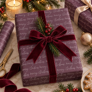 Papel De Presente Padrão de Script Natalino Burgundy Ameixa