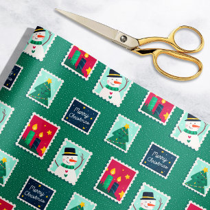 Papel De Presente Padrão de selo postal verde de Natal Alegre