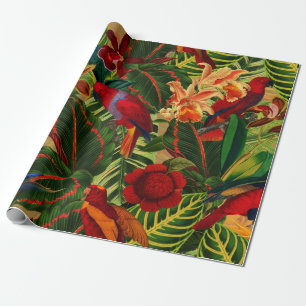 Papel De Presente Padrão de Selva de Papagaios Tropicais Antigos
