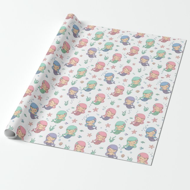 Papel De Presente Padrão de Sereia de Desenho Animado Fofo (Desenrolado)