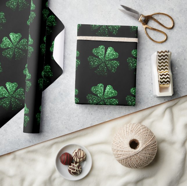 Papel De Presente Padrão de Shamrock brilhante verde escuro a preto (Artesanato)