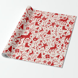 Papel De Presente Padrão de Silhueta de Rena de Natal Vermelha e Bra