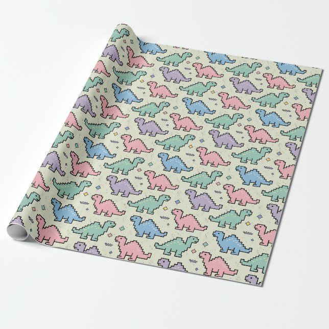 Papel De Presente Padrão de Silhuetas de Dinossauros Pixelizados em  (Desenrolado)