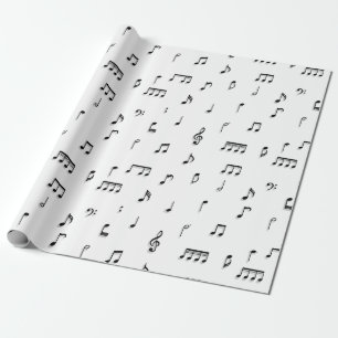 Papel De Presente Padrão de Símbolo de Notas Musicais Pretas e Branc