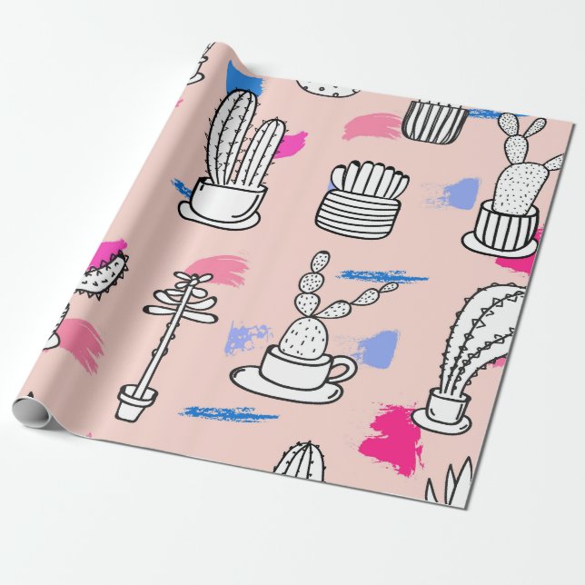 Papel De Presente Padrão de Sketch do Cactus Negrito (Desenrolado)