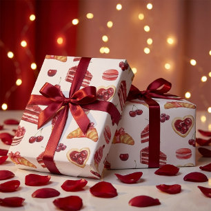 Papel De Presente Padrão de Sobremesa de Veludo Vermelho e Cereja em