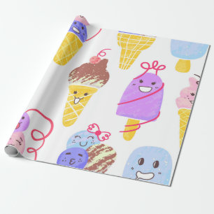 Papel De Presente Padrão de Sorvetes Kawaii, Caractere Kawaii Ice Cr
