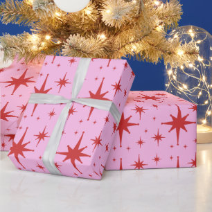 Papel De Presente Padrão de Starburst Moderno Retro Vermelho e Rosa