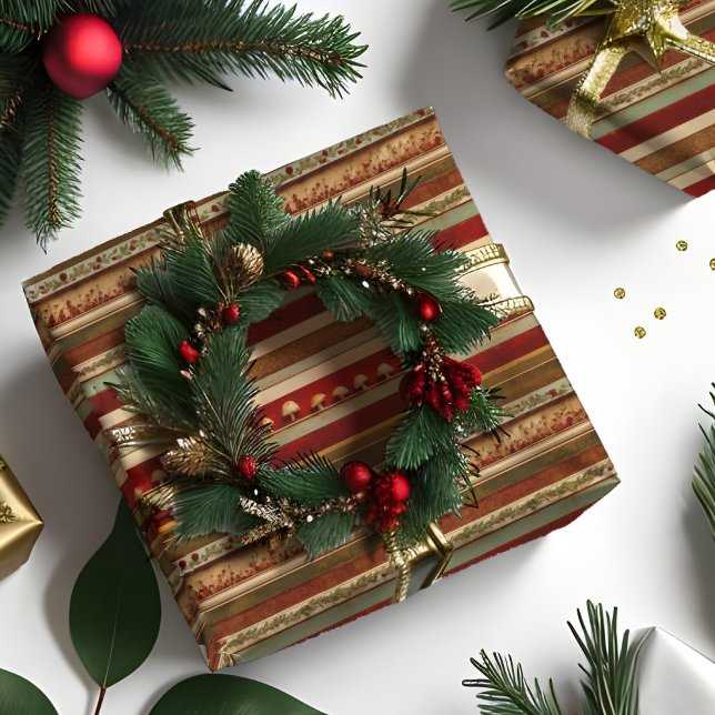 Papel De Presente Padrão de Stripe Vermelha de Cogumelo de Natal (Christmas cottagecore mushroom wrapping paper boho stripes in red & natural)