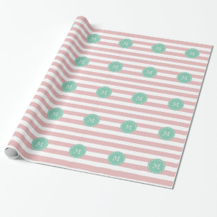 Papel De Presente Padrão de Stripes Brancas Rosa, Monograma Verde M
