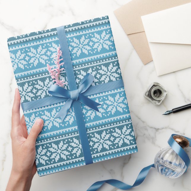 Papel De Presente Padrão de Suéter de Neve Branco Azul Knit (Presentear)