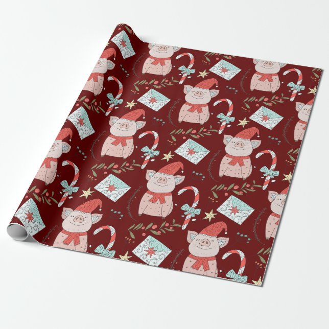 Papel De Presente Padrão de Suíno de Natal Bonito (Desenrolado)