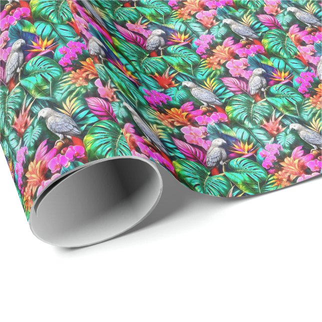 Papel De Presente Padrão de Superfície Contínuo de Papagaios Cinzent (Ponta do rolo)