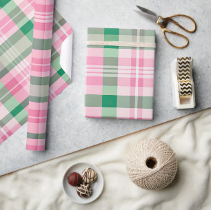 Papel De Presente Padrão De Tartan De Xadrez Rosa Funfa E Verde