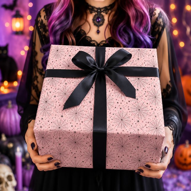 Papel De Presente Padrão de Teia de Aranha Celestial Rosa e Preto (Criador carregado)
