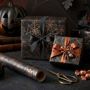 Papel De Presente Padrão de Teia de Aranha de Halloween Laranja Pret