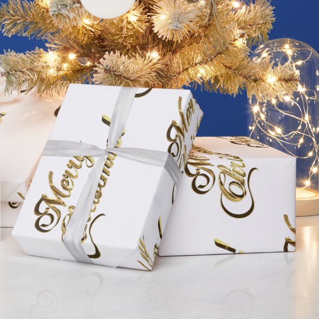 Papel De Presente Padrão de Texto de Feliz Natal Moderno Dourado e B (Feriados)