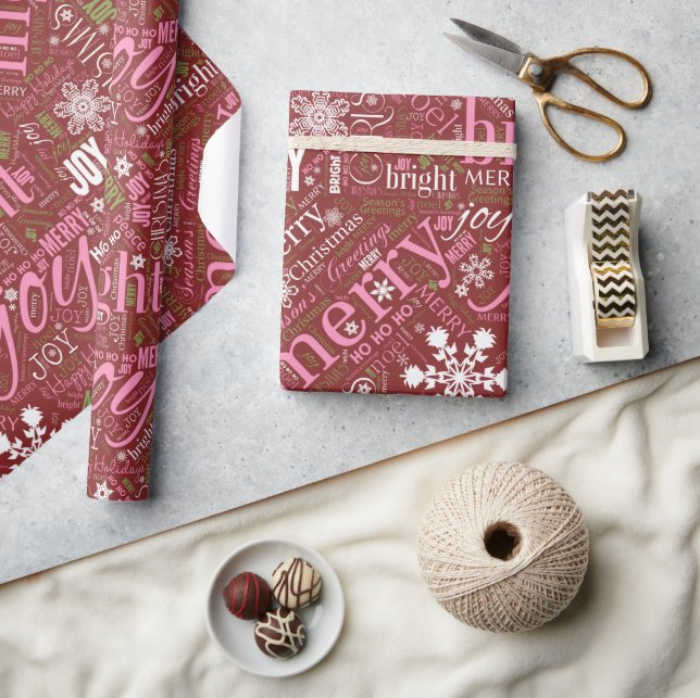 Papel De Presente Padrão de texto e floco de neve de Natal Vermelho  (Artesanato)