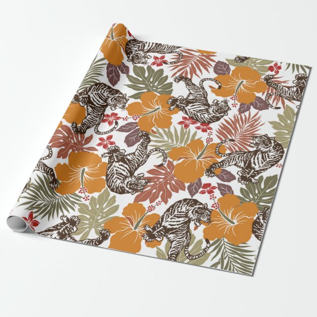 Papel De Presente Padrão de tigre hibiscus (Desenrolado)