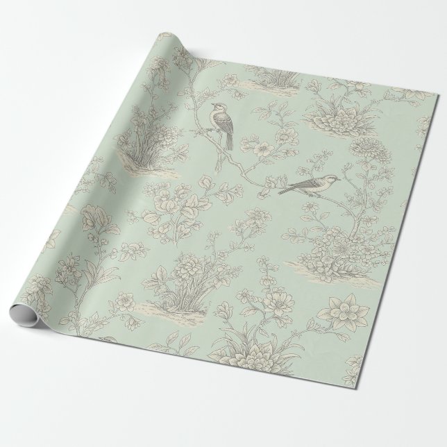 Papel De Presente Padrão de Toile Botânico de Pássaro Sábio Elegante (Desenrolado)