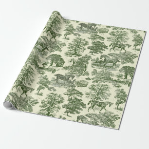Papel De Presente Padrão de Toile de Cavalo Verde Oliva Vintage Eleg